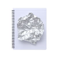 Crumpled piece of aluminum foil rests on open spiral notebook with lined pages, creating contrast between shiny metal and paper. image evokes sense of creativity and spontaneity png