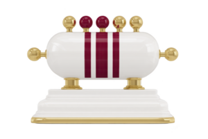 White and gold decorative object with red accents, featuring cylindrical shape and spherical elements, stands on tiered base. design is modern and elegant png