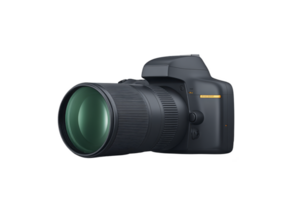 Sleek black DSLR camera with large lens, perfect for capturing high quality images. camera design is modern and professional, ideal for photography enthusiasts png