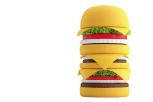 Playful, oversized cheeseburger toy with layers of cheese, lettuce, tomato, and beef patties stacked high, creating whimsical and fun appearance png