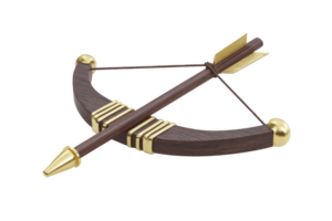 Wooden crossbow with gold accents and single arrow is displayed, showcasing intricate craftsmanship and elegant design. crossbow features dark wood finish with metallic details png