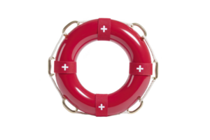 Red lifebuoy with white cross symbols is shown against transparency background. lifebuoy features multiple straps and metal hooks for secure attachment, emphasizing safety and rescue png