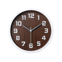 Round wall clock with wooden face and white frame features bold white numbers and sleek black hands, set against simple transparency background png