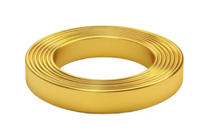 Shiny, golden metallic coil is neatly arranged in circular shape, reflecting light and creating luxurious appearance. smooth surface and precise loops give it modern, elegant look png