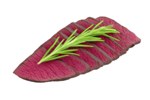 Slice of raw red meat garnished with sprig of fresh rosemary, isolated on transparency background. meat appears fresh and ready for cooking, with visible marbling png