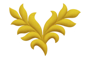 Golden, ornate leaf design with symmetrical pattern, featuring curved, stylized leaves. elegant decoration is suitable for use in art, design, or as decorative element png