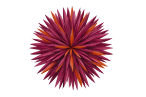 Vibrant, abstract 3D flower with sharp, pointed petals in shades of pink, red, and orange, creating dynamic and symmetrical design. petals radiate from center, forming striking geometric pattern png