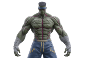 Muscular, green skinned character with stitched scars and wrapped hands stands confidently, wearing blue pants with yellow stripes. character exudes strength and intensity png