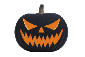 Black pumpkin with carved, glowing orange face creates spooky Halloween atmosphere. sharp, jagged features of eyes and mouth add to eerie effect png