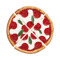 Delicious pepperoni pizza with fresh basil leaves, cut into four slices, showcasing crispy crust and vibrant toppings. Perfect for tasty meal or snack png