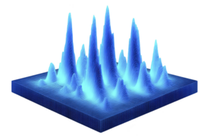 3D blue wireframe graph displays multiple peaks and valleys, representing data visualization or digital landscape. glowing effect adds futuristic and analytical feel png