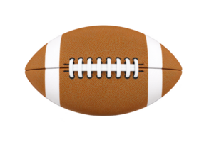 Brown American football with white laces and stripes is isolated on transparency background, showcasing its textured surface and classic design png