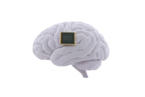 Digital illustration of human brain with microchip embedded, symbolizing fusion of technology and biology, artificial intelligence, and futuristic innovation png