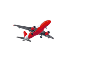 Red and white commercial airplane is flying in clear sky, showcasing its undercarriage and engines. aircraft is captured mid flight, highlighting its sleek design and vibrant colors png