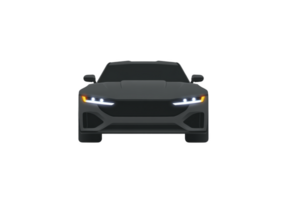 Sleek, modern black sports car is shown from front view, highlighting its aerodynamic design and bright LED headlights. image conveys sense of speed and luxury png