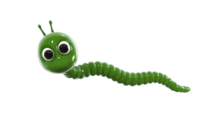 Cute, cartoonish green caterpillar with big eyes and segmented body is depicted against transparency background, conveying playful and whimsical vibe png