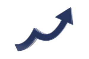 3D blue arrow curves upward, symbolizing growth and progress. arrow sleek design and upward trajectory convey sense of positive momentum and success png