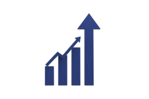 Blue upward arrow and bar graph symbolize growth and success, representing financial progress and business improvement. image conveys sense of achievement and positive development png