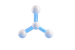 3D model of simple molecule with three white spheres connected by blue rods, representing atoms and bonds. structure is isolated on transparency background png