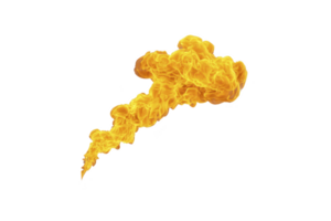 Vibrant, swirling cloud of orange and yellow smoke against transparent background, resembling dynamic flame or explosion. fiery colors create sense of energy and movement png