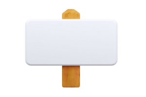 Blank white rectangular sign with rounded corners is mounted on wooden post, isolated on transparency background. simple design allows for customization or messaging png