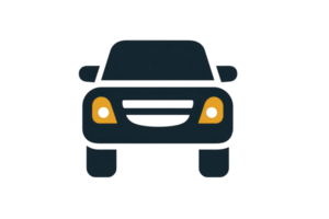 Simple illustration of car with minimalist design, featuring black body and yellow headlights, viewed from front. style is cartoonish and playful png
