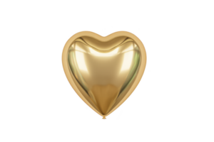 Shiny gold heart shaped balloon floats against plain background, symbolizing love and celebration. metallic surface reflects light, adding festive and elegant touch png