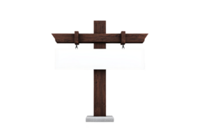 Wooden signpost with blank white rectangular sign hanging from it, ready for customization. rustic design features dark wood texture and sturdy concrete base, ideal for outdoor use png