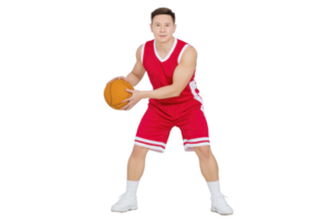 Man in red basketball uniform is holding basketball, ready to play. He stands confidently, showcasing athleticism and focus. background is plain, emphasizing subject png