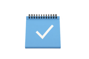 Blue spiral bound notepad with large white checkmark on cover, symbolizing completion or approval. notepad is isolated on transparency background png