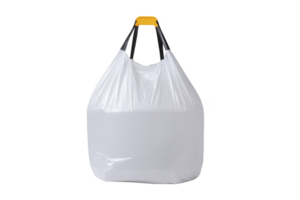 White plastic bag with yellow handle is filled and tied, isolated on transparency background. bag appears to be carrying items, showcasing its utility and durability png