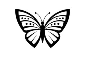Black and white butterfly silhouette with intricate wing patterns, featuring dots and lines, is depicted in simple, elegant design. symmetrical shape adds sense of balance and beauty png