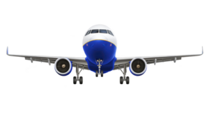 Commercial airplane with blue and white color scheme is flying directly towards viewer, showcasing its engines and wings. aircraft is set against clear background png