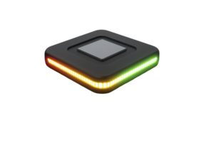 Sleek, modern black electronic device with glowing LED lights in red and green, possibly smart gadget or tech accessory, isolated on transparency background png
