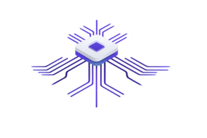 3D illustration of futuristic microchip with glowing blue circuits extending outward, symbolizing advanced technology and connectivity png