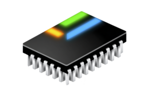 Black microchip with colorful LED indicators, featuring metallic pins its sides, represents modern technology and innovation electronics. vibrant lights suggest functionality and connectivity png