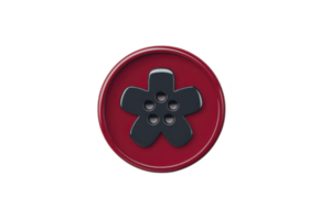 Red circular button with black flower shaped design in center, featuring four holes for sewing. button glossy finish adds modern touch, making it suitable for various fashion projects png