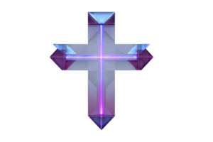 Glowing, geometric cross with futuristic design features vibrant purple and blue hues, creating striking and modern appearance. transparent elements add depth and intrigue png