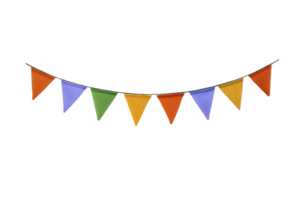 Colorful triangular pennant flags in orange, blue, green, and yellow are strung together, creating festive and cheerful decoration. Perfect for parties and celebrations png