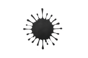 Black ink splatter with circular shape and radiating drips on transparency background, resembling abstract art piece or creative design element png