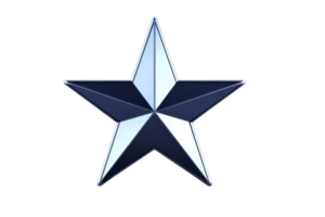 Shiny, metallic blue star with three dimensional appearance, reflecting light and casting subtle shadows, symbolizing excellence and achievement png