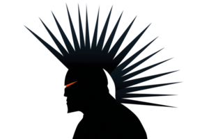 Silhouette of person with spiky mohawk hairstyle and red visor creates striking and edgy design. bold lines and minimalistic style convey sense of rebellion and individuality png