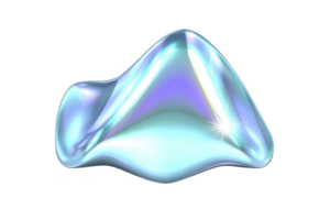 Shiny, abstract, iridescent blob with smooth, fluid shape and reflective surface, resembling futuristic or digital art piece. colors shift between blue and purple hues png