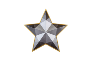 Geometric, faceted star with metallic finish and gold outline creates modern and elegant design. star reflective surface adds touch of sophistication png