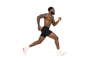 Muscular man is running energetically, wearing black shorts and white sneakers. His athletic build and focused expression convey determination and strength png