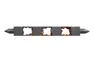Row of blackened, cracked stones with fiery orange and red glowing cracks creates dramatic and intense visual effect. stones are aligned horizontally, with pointed ends png