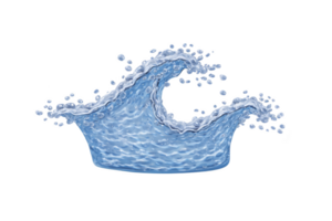 Dynamic splash of water forms wave shape, with droplets scattering in various directions against transparent background. image captures fluidity and motion of water png