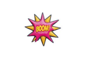 Vibrant comic style explosion graphic with word BOOM in bold letters, featuring pink and yellow starburst design. This dynamic image conveys excitement and energy png