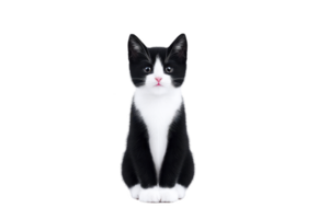 Cute black and white kitten sits calmly, its fur contrasting sharply against background. kitten attentive gaze and soft fur create charming and serene image png
