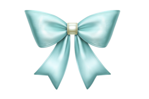 Shiny, light blue ribbon bow with central knot, perfect for gift wrapping or decoration. bow has smooth texture and elegant appearance, adding touch of sophistication png